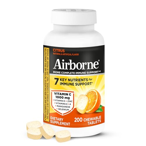 Airborne 1000mg Vitamin C with D and Zinc Multivitamin Immune Support Supplement with Antioxidants A C and E 200 Chewable Tablets Citrus Flavor